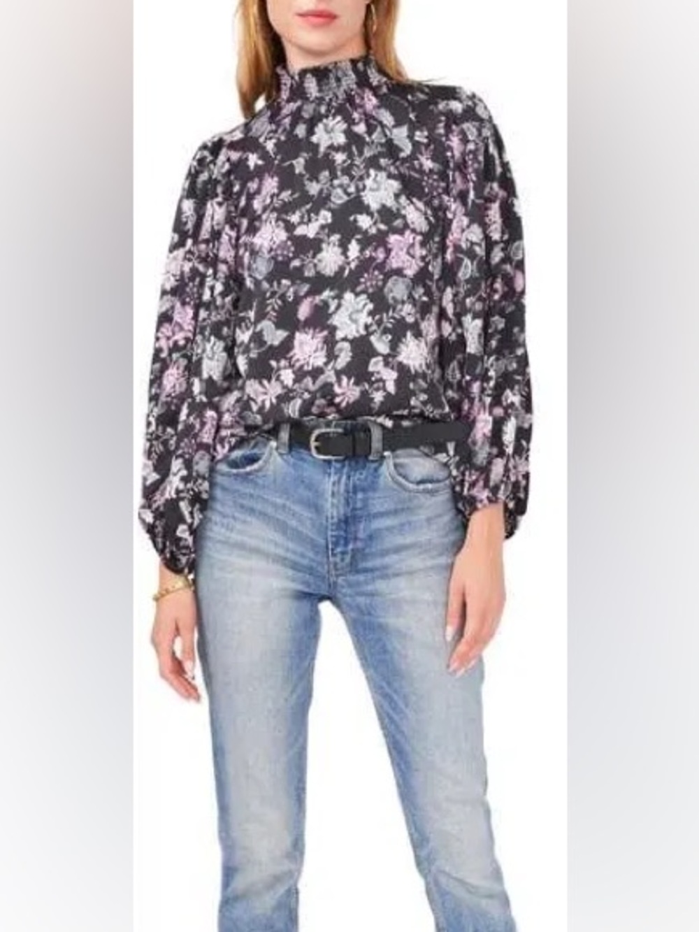 Black Floral Smocked-Neck Blouse with Balloon Sleeves